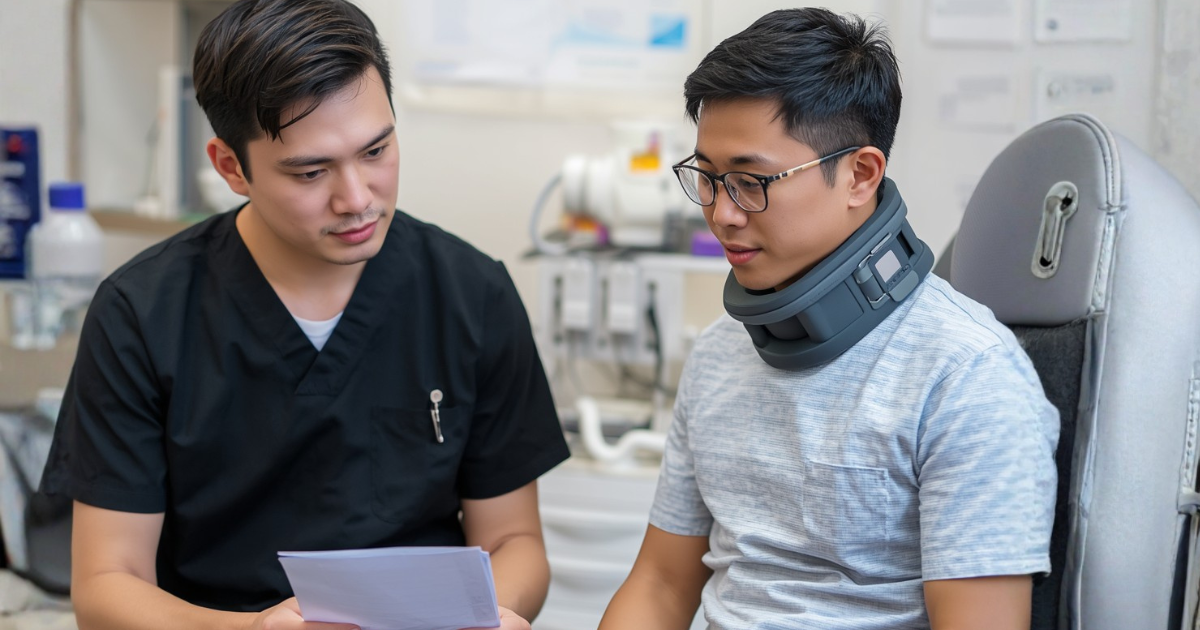 Provider at OC Wellness reviews medical lien paperwork with a personal injury patient wearing a cervical collar after an accident.