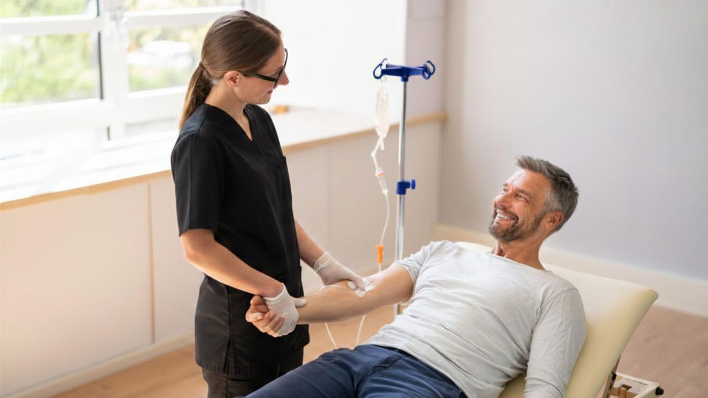 Patient receiving a Myers Cocktail IV infusion at OC Wellness Physicians Medical Group in Orange County