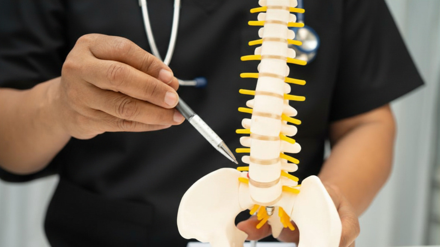 Doctor pointing to lumbar spine and pelvis model illustrating sciatica treatment in Westminster
