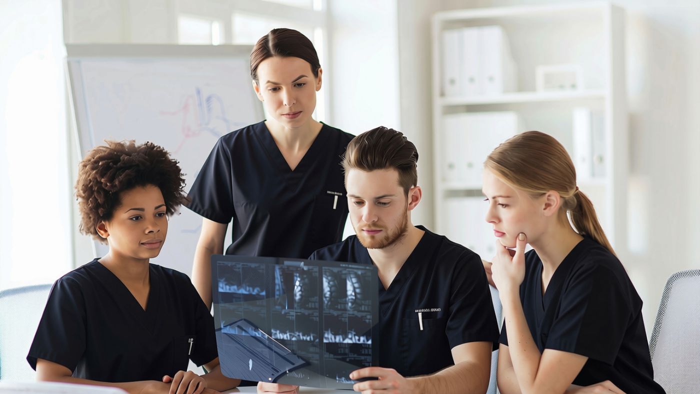 Multi-specialty care team reviewing a patient x-ray after a car accident in Orange County