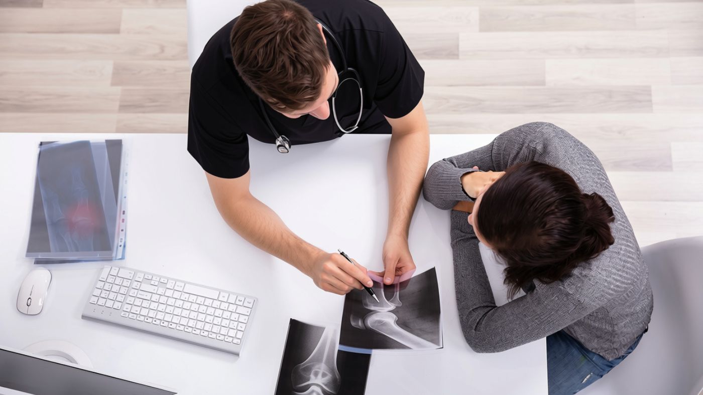 Physician reviewing regenerative knee care options with a patient during a consultation at OC Wellness Physicians Medical Group in Orange County
