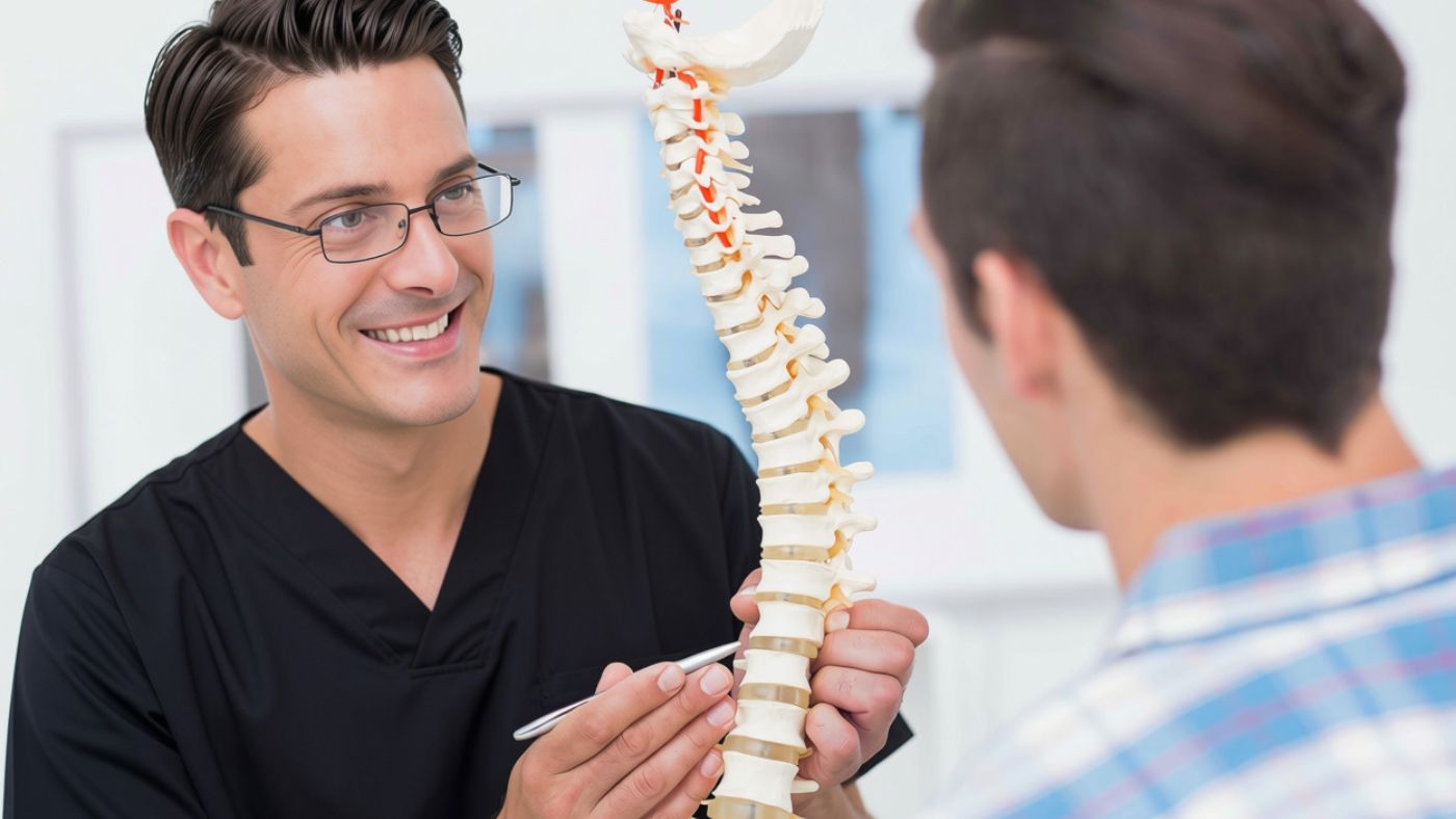 Chiropractor using a spine model to show a patient where sciatic nerve pain is radiating from, at OC Wellness in Orange County.